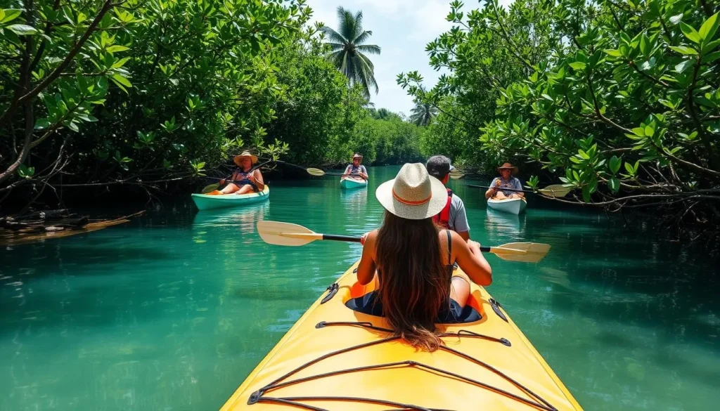 Kayaking through mangrove channels at Shell Beach Islands Guyana