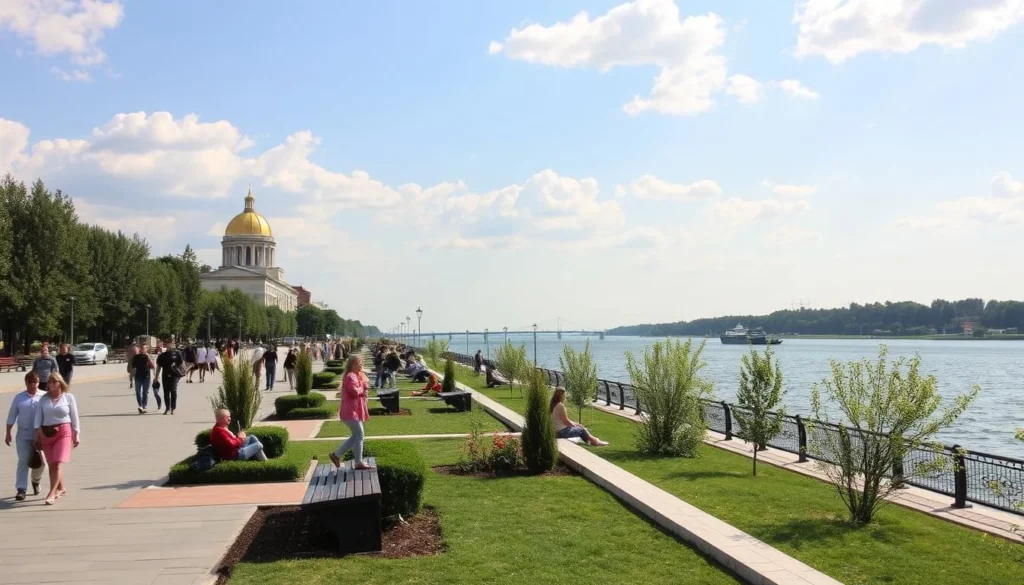 Kazanskaya Embankment in Tula with people enjoying the riverside area