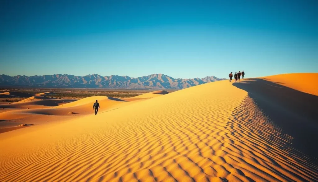 Kelso Dunes in Mojave National Preserve with people hiking up the sand dunes Kelso Dunes in Mojave National Preserve with people hiking up the sand dunes