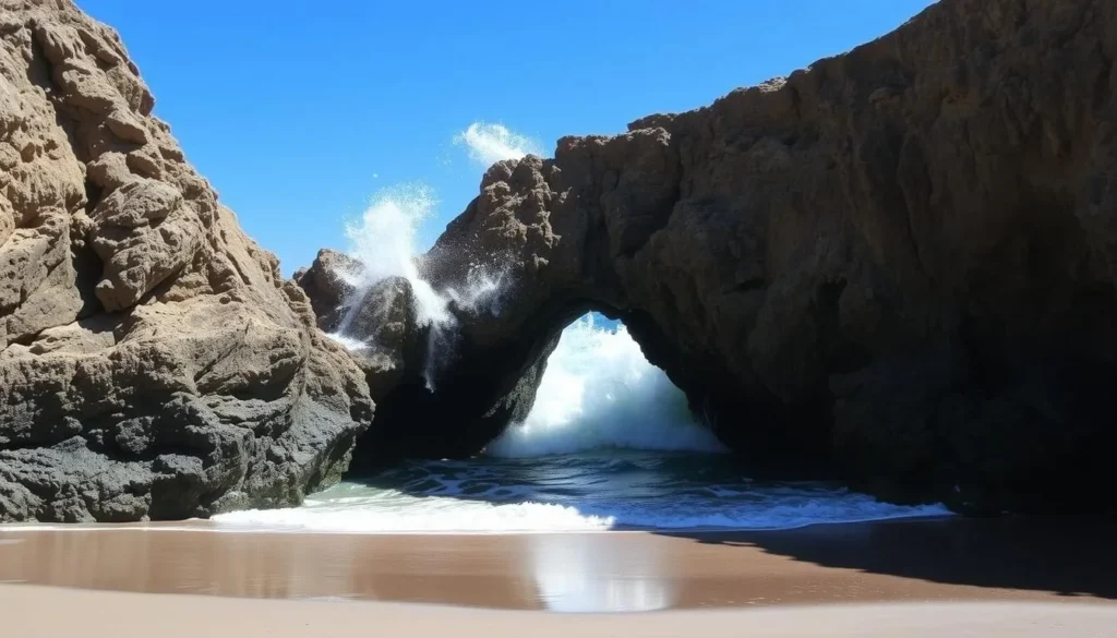 Keyhole Arch at Pfeiffer Beach with waves crashing through the natural rock formation