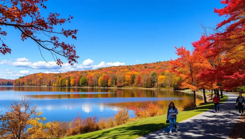 Keystone State Park Pennsylvania in autumn with vibrant fall foliage around the lake