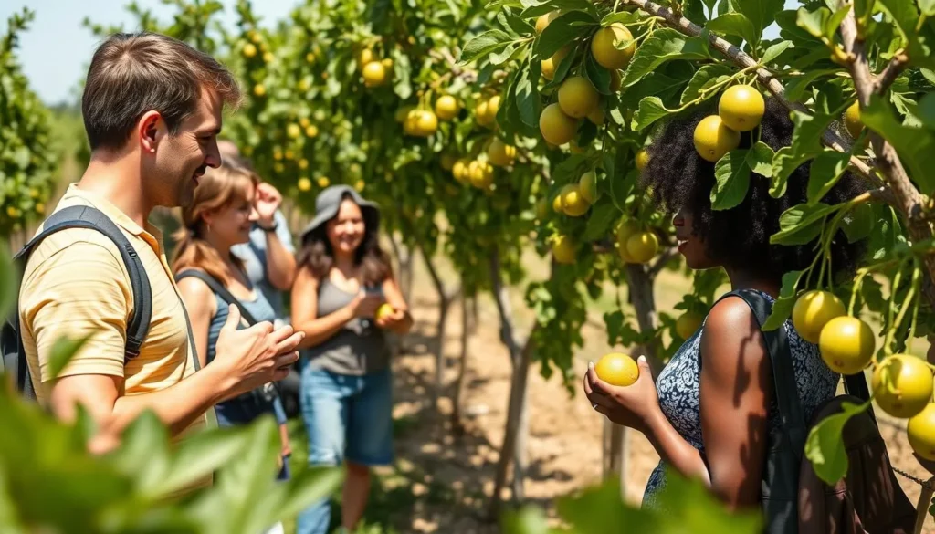 Kiwifruit orchard in Bay of Plenty New Zealand with tourists picking fruit