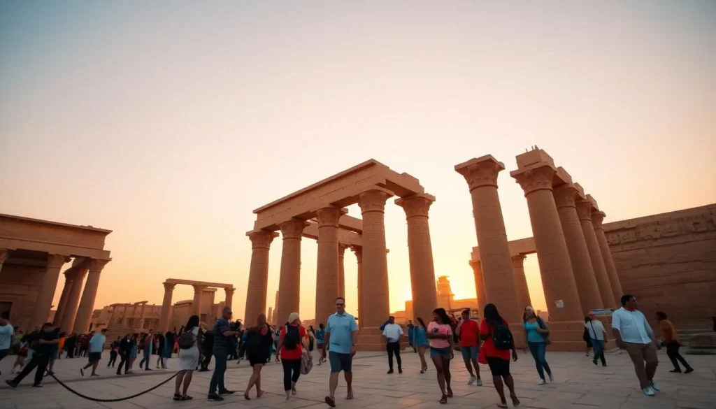 Kom Ombo Temple at sunset with golden light illuminating the ancient columns and structures Kom Ombo Temple at sunset with golden light illuminating the ancient columns and structures