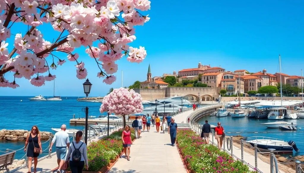 Korcula town promenade in spring with blooming flowers and fewer tourists