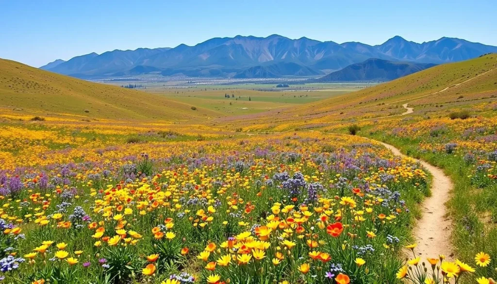 La Jolla Valley in spring with wildflowers and mountains in the background La Jolla Valley in spring with wildflowers and mountains in the background