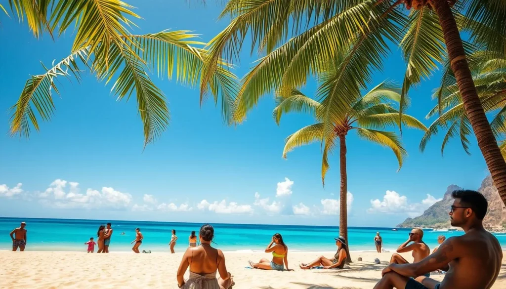 Laborie beach during perfect weather with palm trees, clear blue skies, and tourists enjoying the calm waters