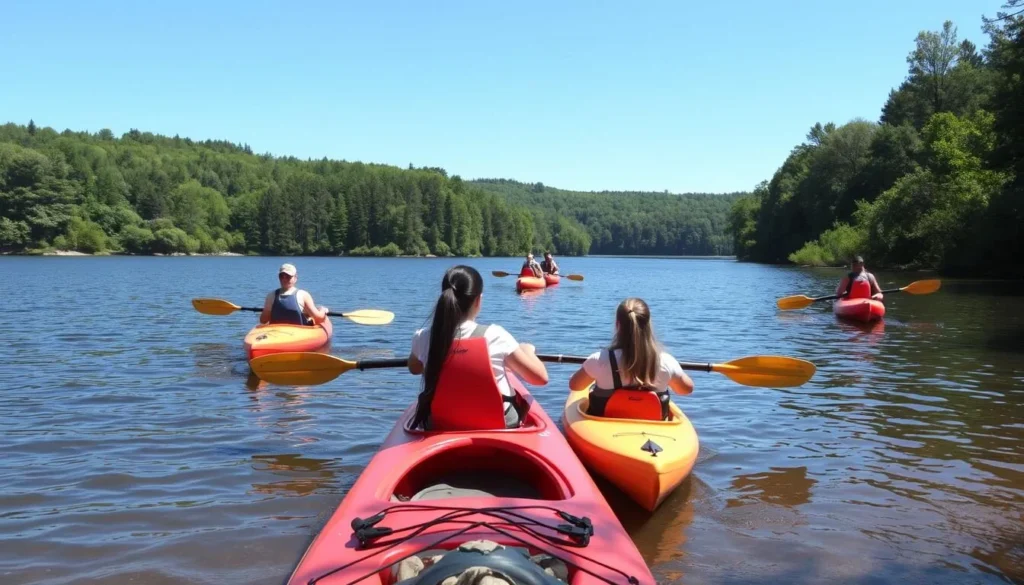 Lackawanna Lake with kayakers enjoying the water surrounded by forested shoreline Lackawanna Lake with kayakers enjoying the water surrounded by forested shoreline