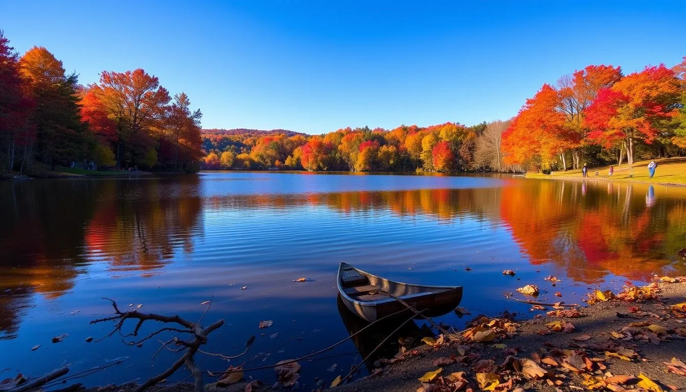 Lackawanna-State-Park-in-autumn-with-vibrant-fall-foliage-reflecting-in-the-lake Lackawanna State Park in autumn with vibrant fall foliage reflecting in the lake