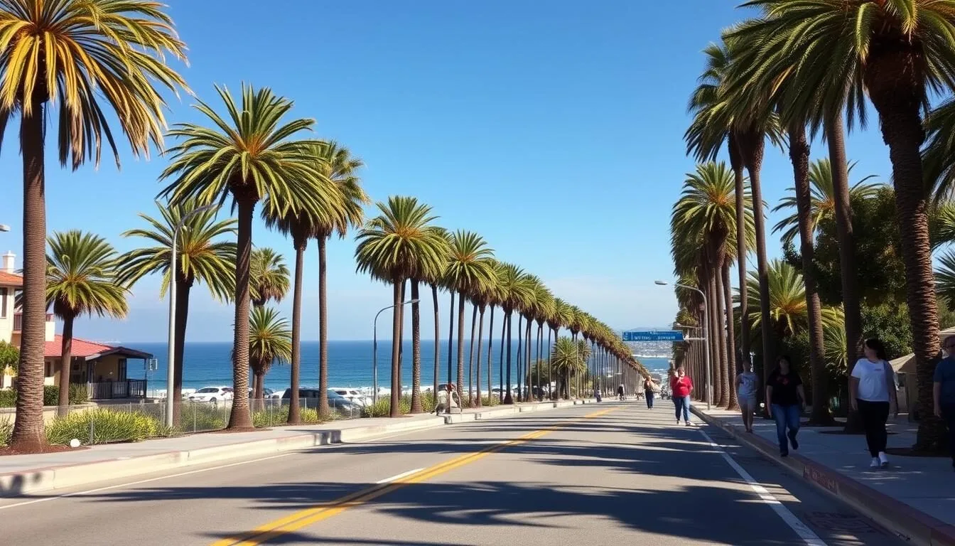 Laguna-Beach-welcome-view-with-palm-trees-lining-Pacific-Coast-Highway-and-ocean-views Laguna Beach welcome view with palm trees lining Pacific Coast Highway and ocean views