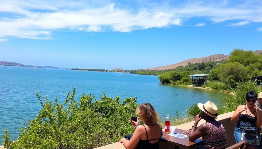 Lake Awassa during the dry season showing clear blue skies, calm waters, and visitors enjoying the lakeside