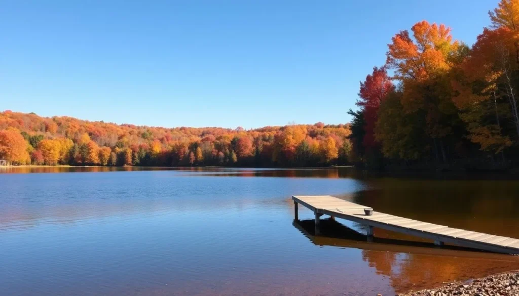 Lake Genero in autumn with colorful fall foliage reflecting in the calm waters Lake Genero in autumn with colorful fall foliage reflecting in the calm waters