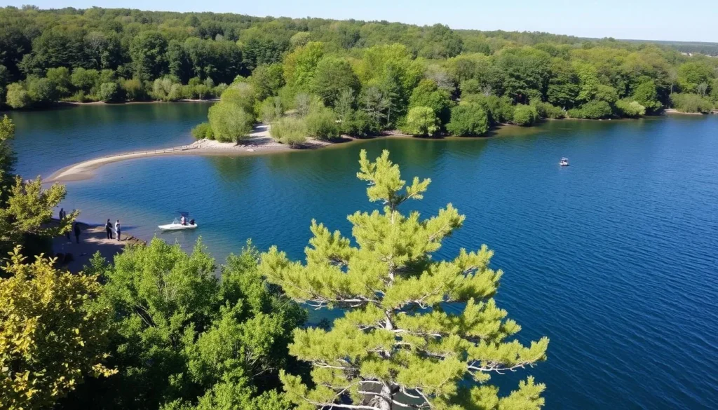 Lake Jacksonville surrounded by trees with people fishing from the shore Lake Jacksonville surrounded by trees with people fishing from the shore