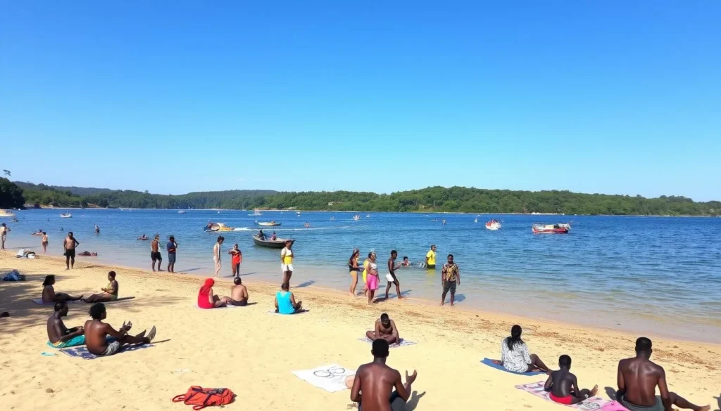 Lake Nabugabo shoreline with tourists enjoying beach activities
