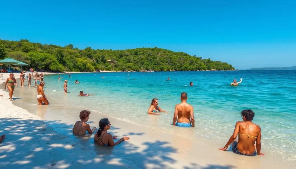 Lake Naomi in summer with families enjoying beach activities and swimming in the clear water