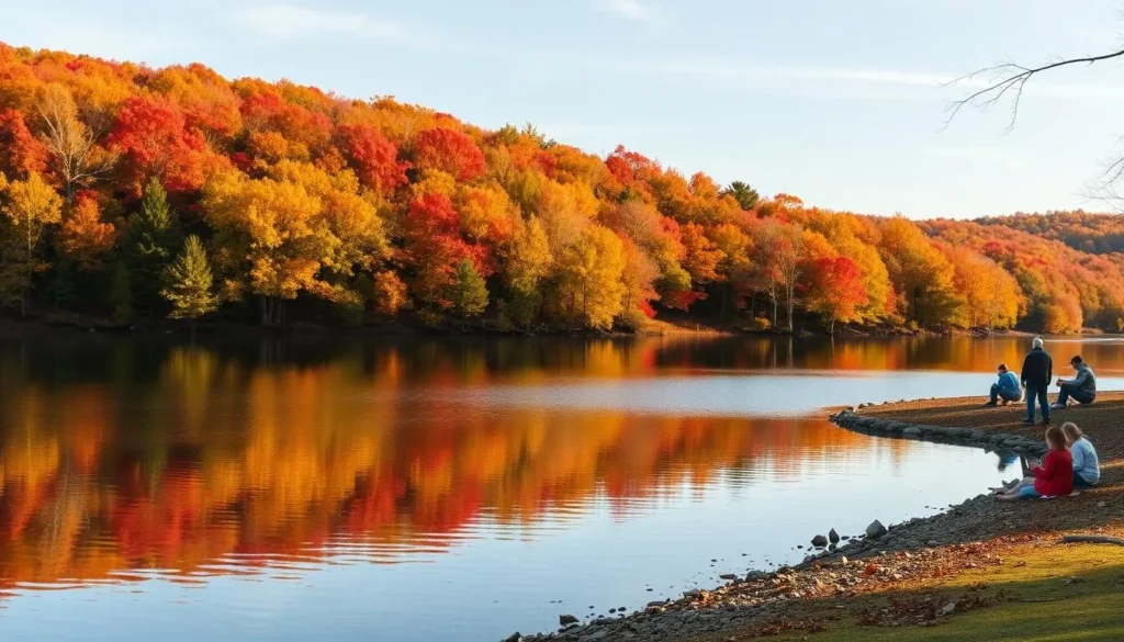 Lake Nockamixon in autumn with colorful fall foliage reflecting in the calm waters Lake Nockamixon in autumn with colorful fall foliage reflecting in the calm waters