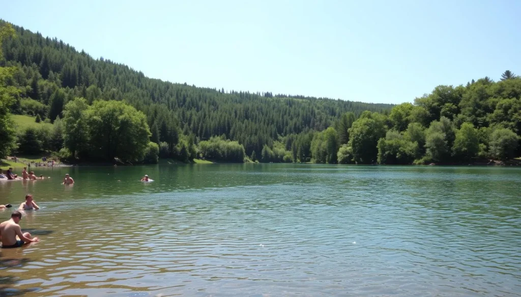 Lake Palkino in summer with lush green surroundings, blue skies, and people enjoying activities by the shore