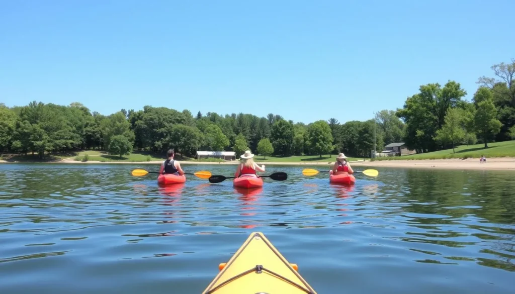 Lake Storey Park in Galesburg showing the lake with a few kayakers enjoying the water Lake Storey Park in Galesburg showing the lake with a few kayakers enjoying the water