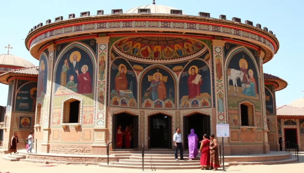 Lake Tana monastery with colorful religious murals and traditional Ethiopian Orthodox architecture