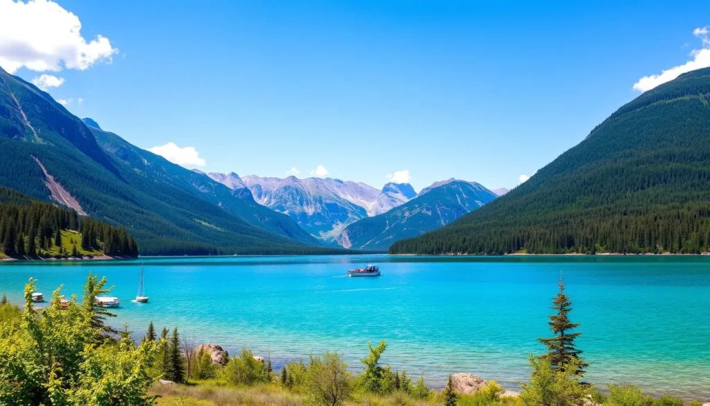 Lake Teletskoye in Altai Krai with mountains and forests surrounding it