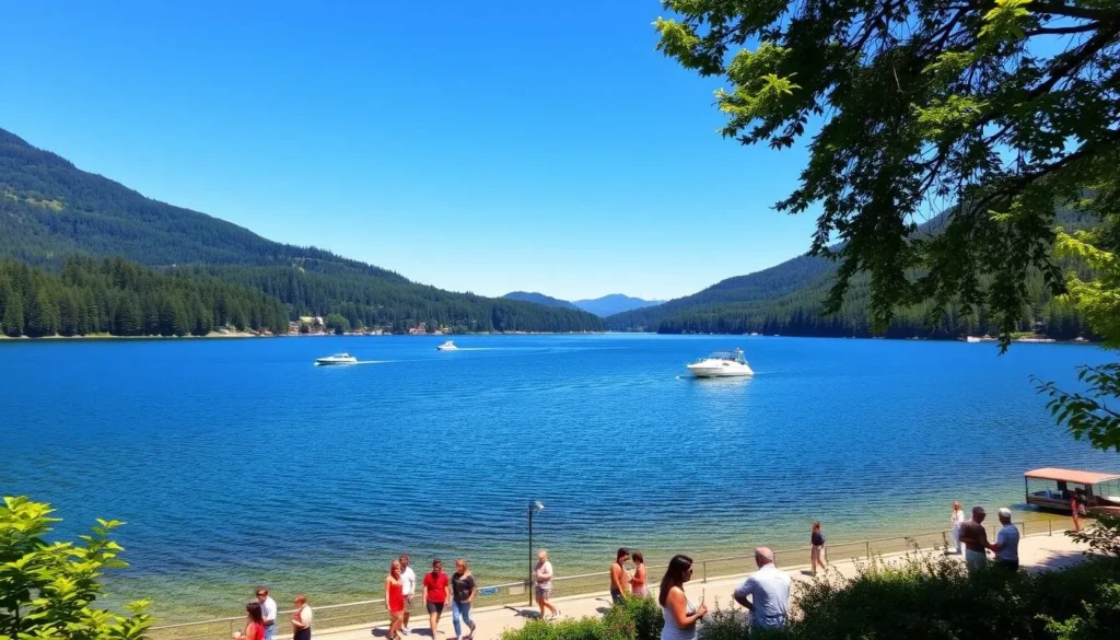 Lake Titisee surrounded by forested hills on a sunny day