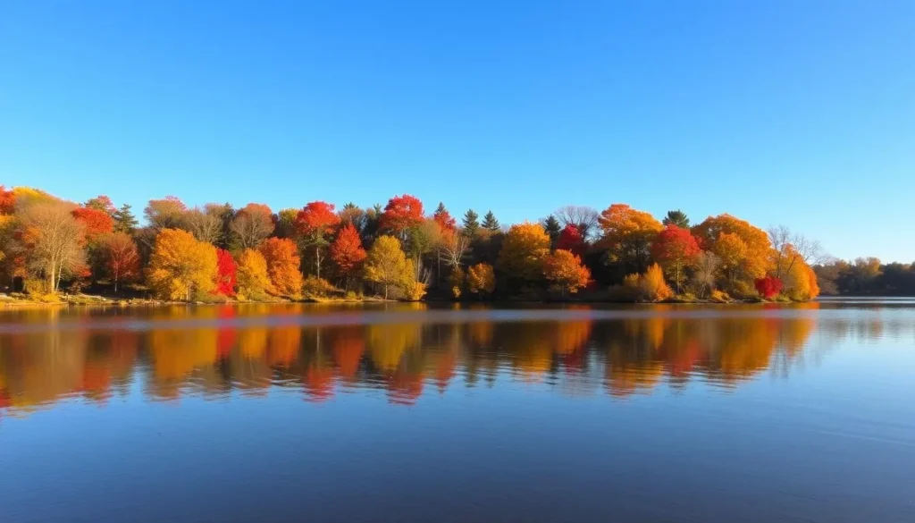 Lake Vermilion during fall season with colorful foliage reflecting on the water surface Lake Vermilion during fall season with colorful foliage reflecting on the water surface