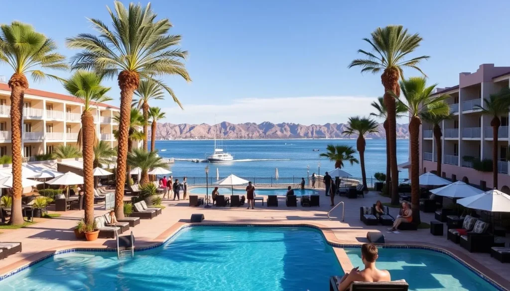 Lakefront resort in Lake Havasu with palm trees and mountain views Lakefront resort in Lake Havasu with palm trees and mountain views