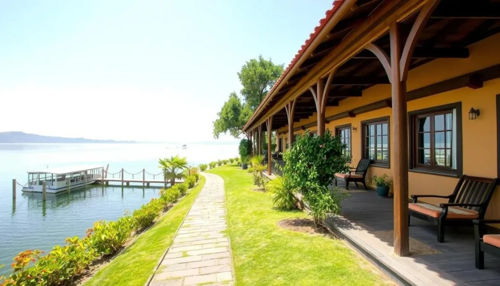 Lakeside accommodation in Bahir Dar with views of Lake Tana and path to boat dock for Rema Island trips
