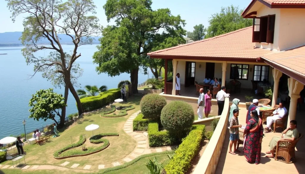 Lakeside accommodation in Bahir Dar with views of Lake Tana, showing hotel grounds with traditional Ethiopian architectural elements