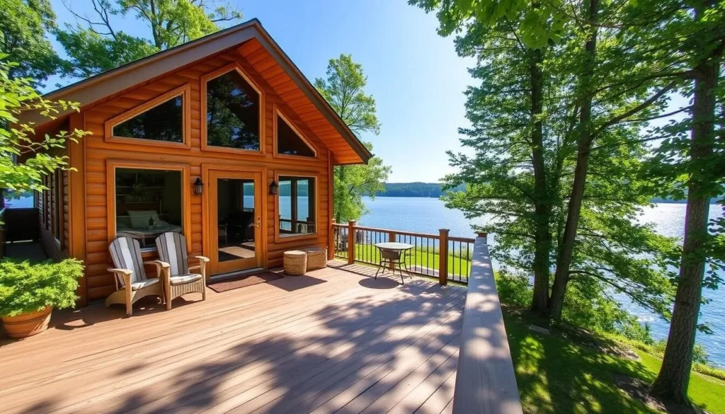Lakeside cabin accommodation at Foster Lake with a deck overlooking the water Lakeside cabin accommodation at Foster Lake with a deck overlooking the water