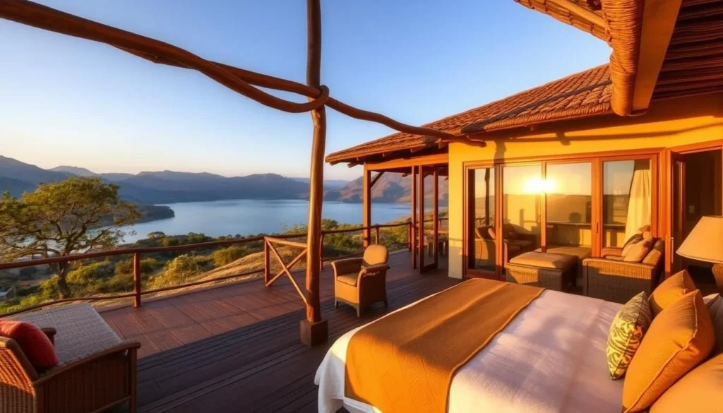 Lakeside lodge in the Great Rift Valley with traditional Ethiopian architectural elements