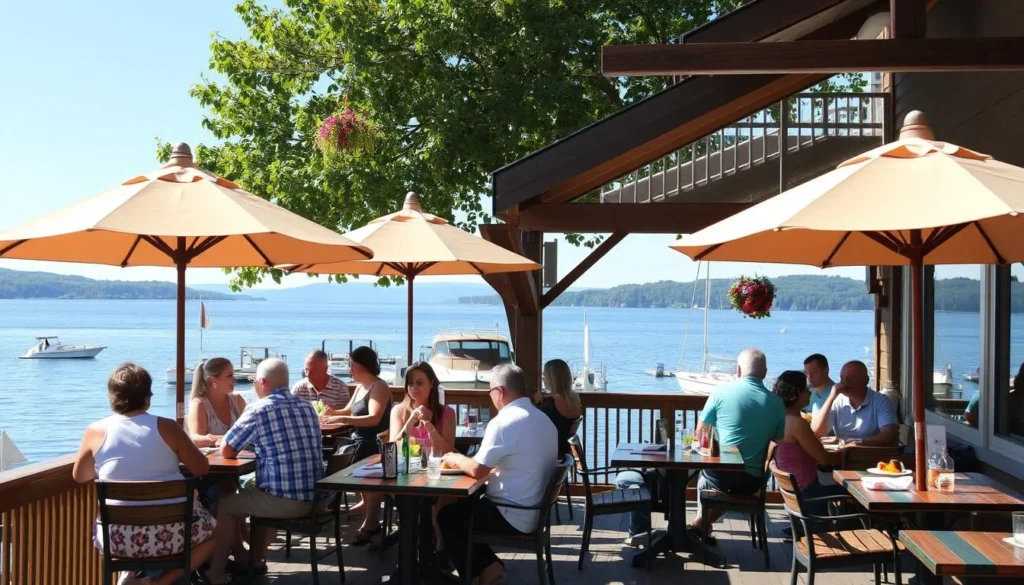 Lakeside restaurant with outdoor seating and views of Lake Ariel Lakeside restaurant with outdoor seating and views of Lake Ariel