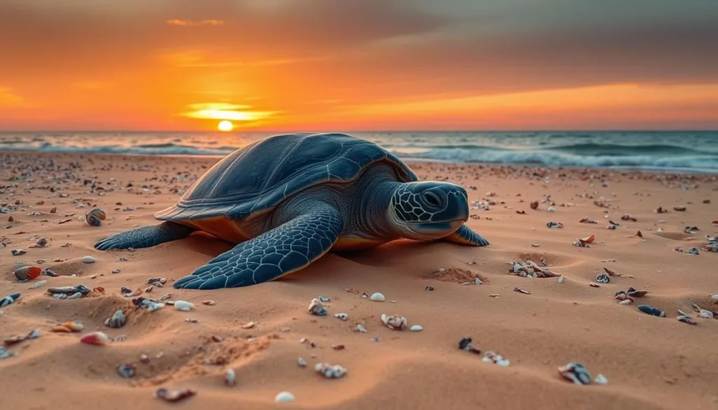 Leatherback turtle nesting at Shell Beach Islands Guyana at sunset