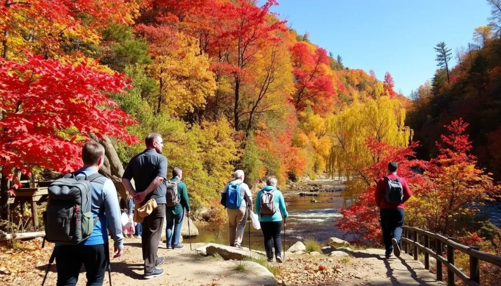 Lehigh Gorge State Park in autumn with vibrant fall foliage along the river and hiking trails Lehigh Gorge State Park in autumn with vibrant fall foliage along the river and hiking trails