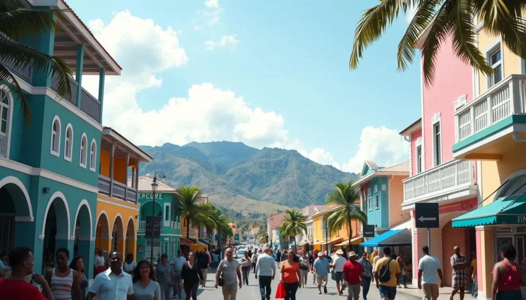 Les Cayes town center with colorful buildings and mountain backdrop