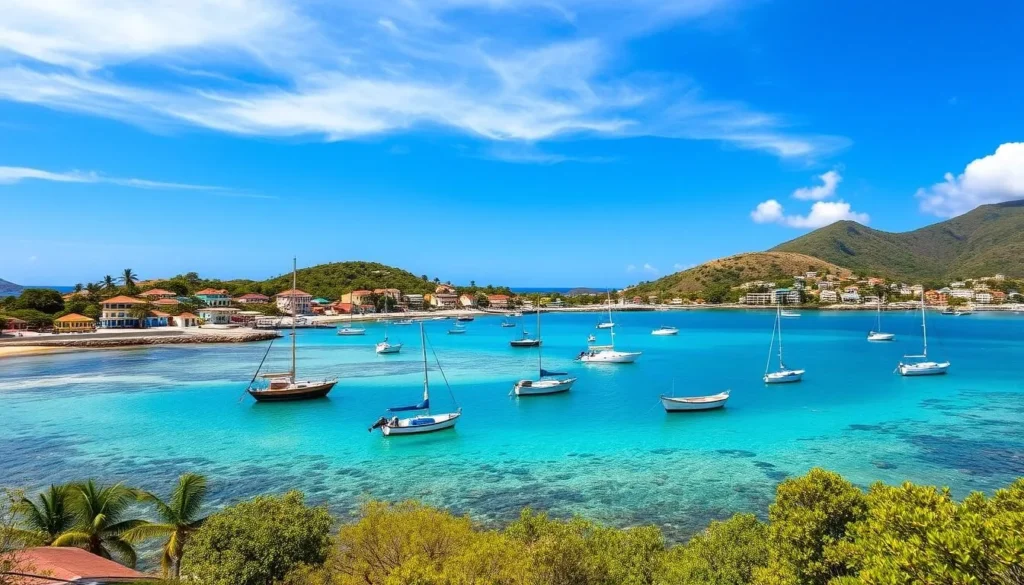 Les Saintes islands view with boats in turquoise water and colorful buildings