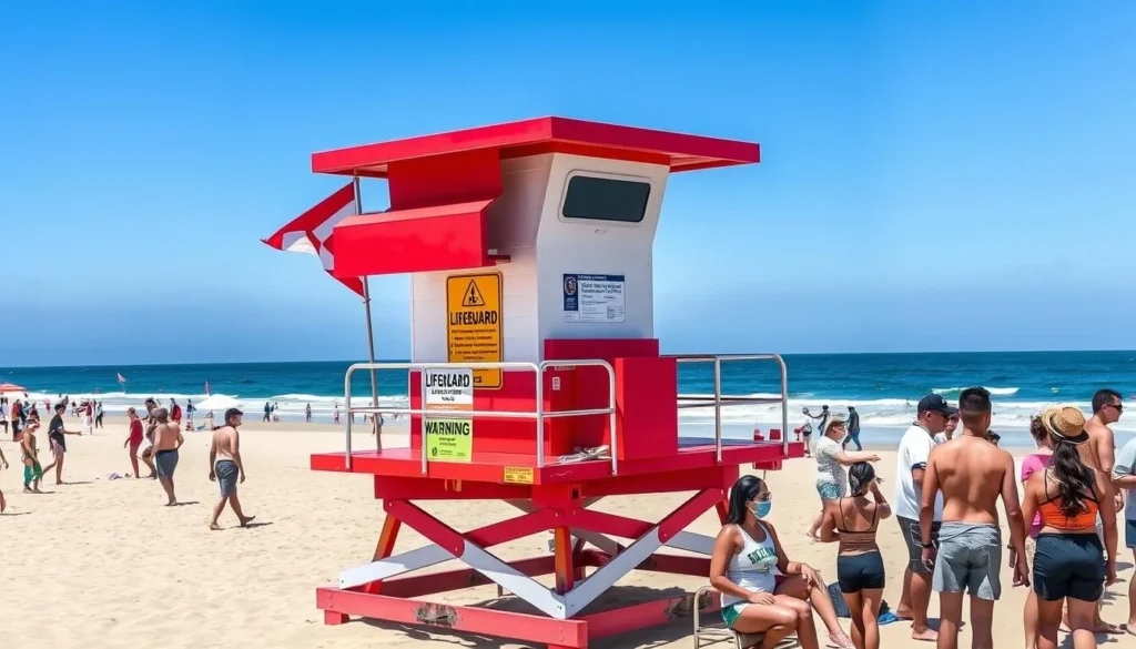 Lifeguard tower at Ocean Beach with red flag indicating swimming conditions