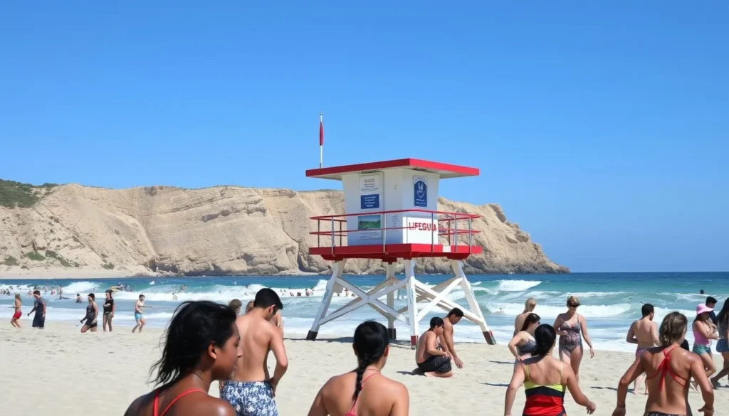 Lifeguard tower at San Clemente State Beach with swimmers in designated areas Lifeguard tower at San Clemente State Beach with swimmers in designated areas