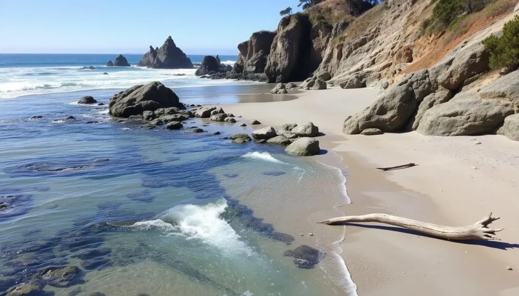 Limekiln Beach where Limekiln Creek meets the Pacific Ocean with dramatic coastal rock formations Limekiln Beach where Limekiln Creek meets the Pacific Ocean with dramatic coastal rock formations