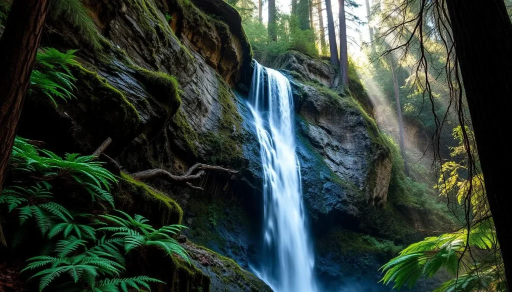 Limekiln Falls cascading 100 feet down a limestone cliff surrounded by lush ferns and redwoods Limekiln Falls cascading 100 feet down a limestone cliff surrounded by lush ferns and redwoods