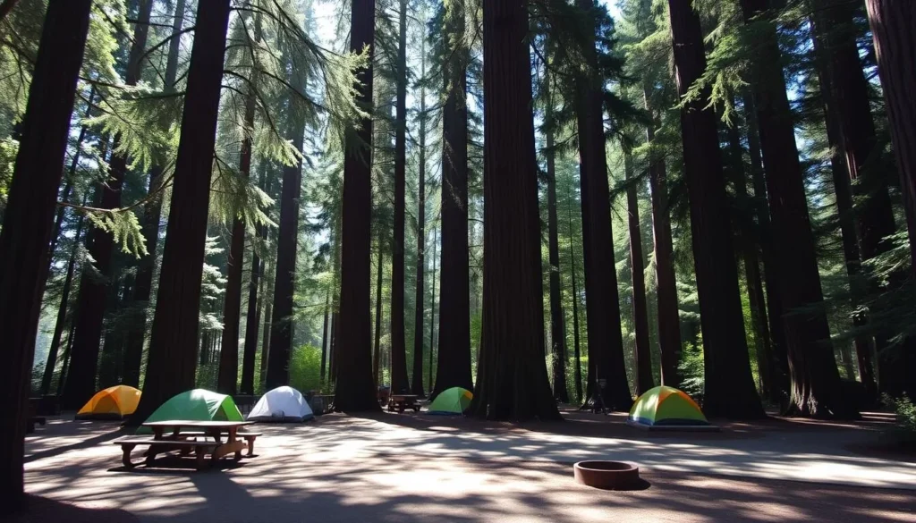 Limekiln State Park campground showing tent sites nestled among towering redwood trees Limekiln State Park campground showing tent sites nestled among towering redwood trees