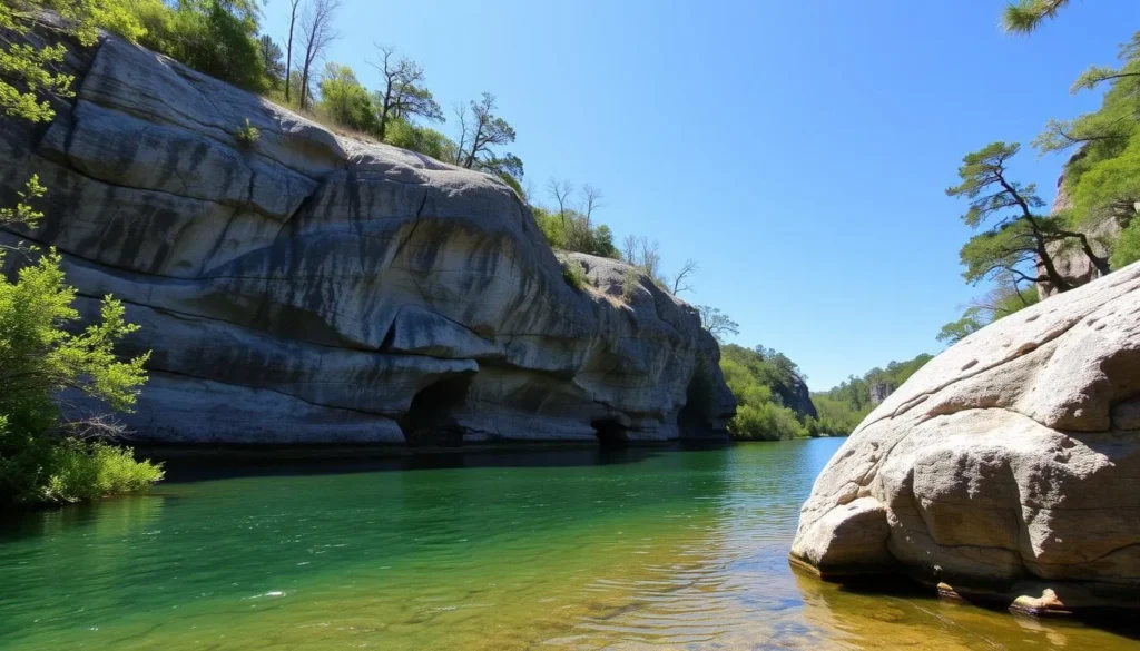Limestone bluffs along the Suwannee River with clear water below