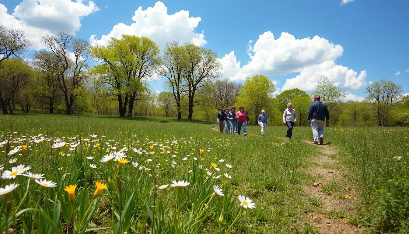 Lincoln Trail Homestead State Park in spring with wildflowers and visitors hiking
