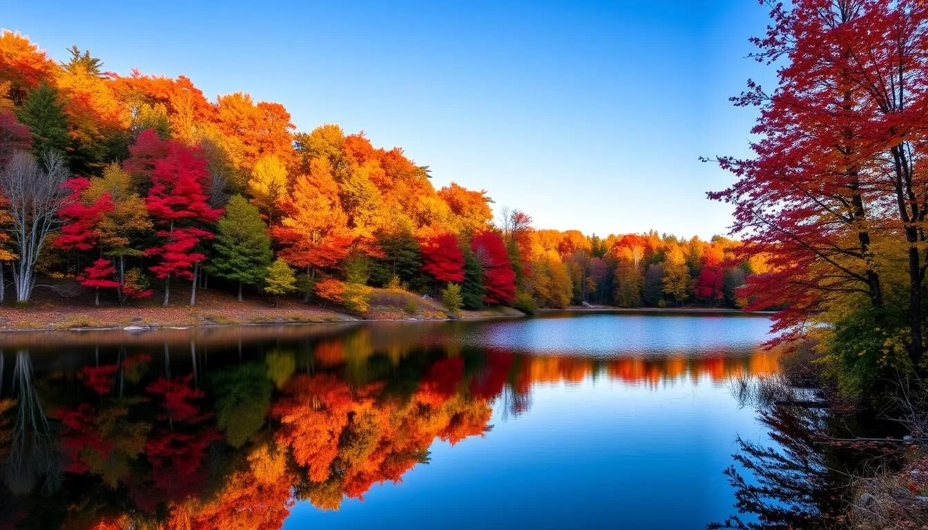 Little-Buffalo-State-Park-in-autumn-with-colorful-fall-foliage-surrounding-Holman-Lake Little Buffalo State Park in autumn with colorful fall foliage surrounding Holman Lake