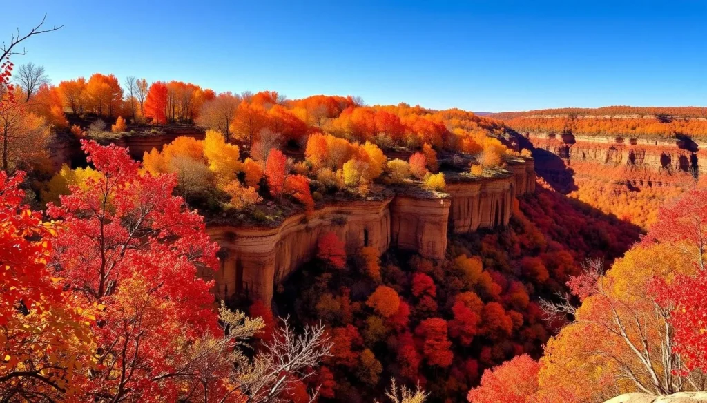 Little Grand Canyon Illinois in autumn with colorful fall foliage on trees surrounding the canyon Little Grand Canyon Illinois in autumn with colorful fall foliage on trees surrounding the canyon