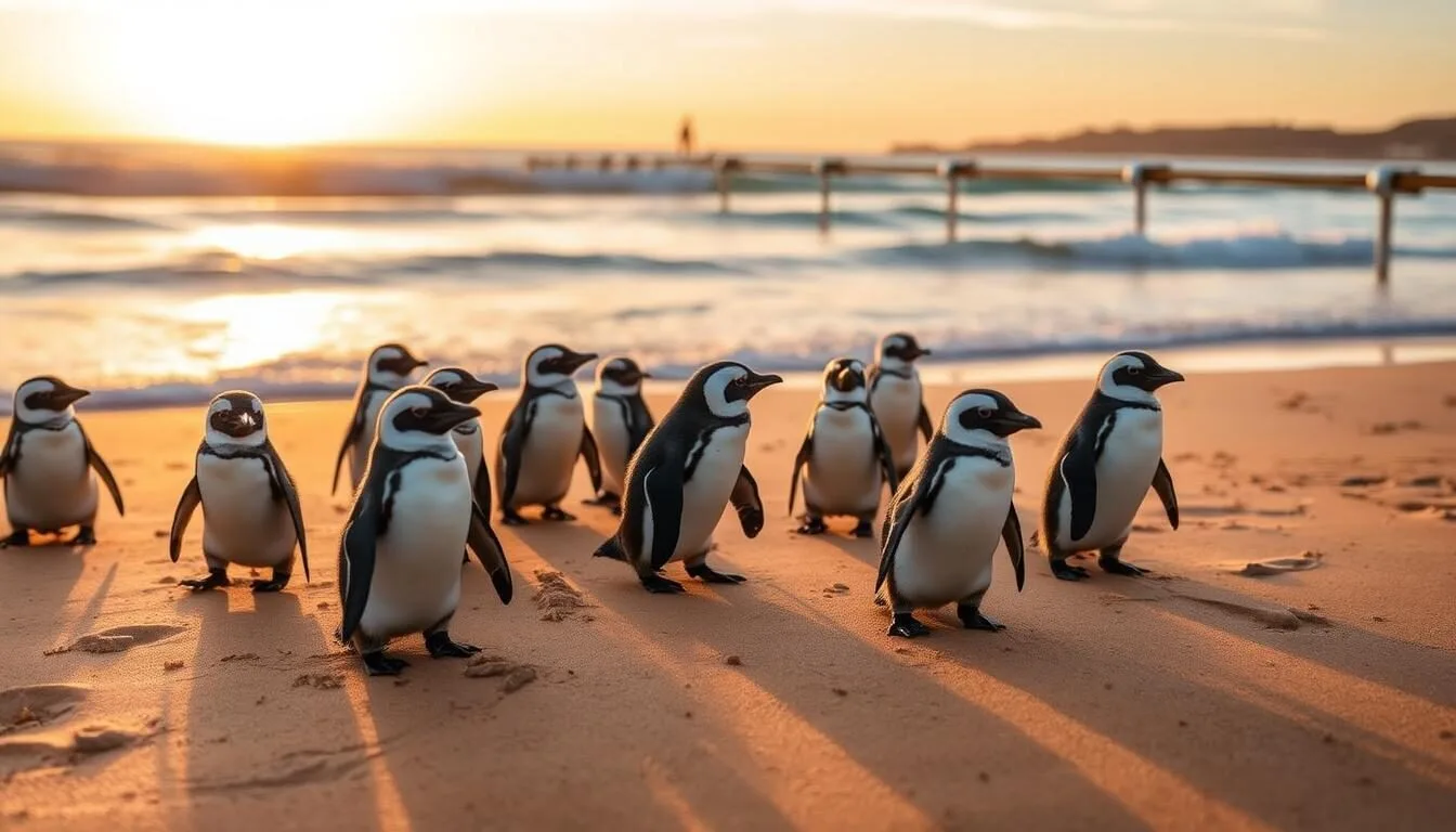 Little penguins waddling up the beach during the famous Phillip Island Penguin Parade