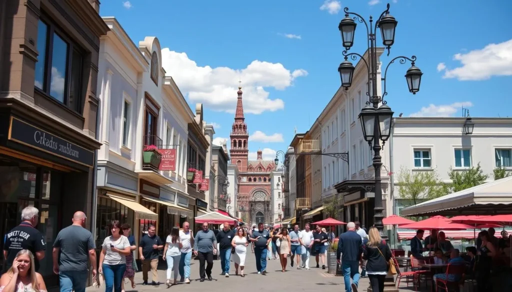 Lively pedestrian Arbat Street in Ulan-Ude with shops, cafes, and street performers