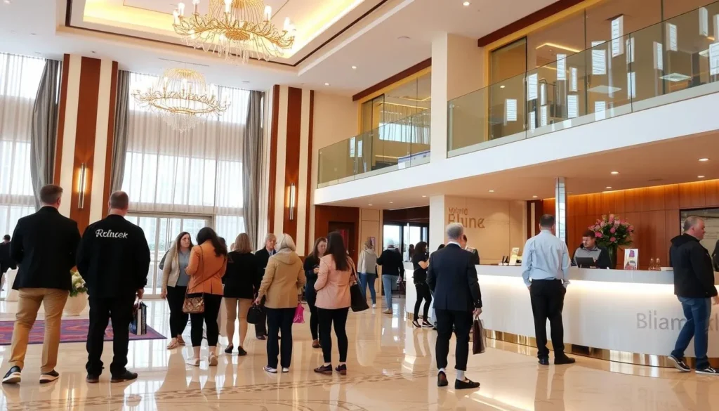 Lobby of a modern hotel in Minsk with elegant decor and guests checking in at the reception