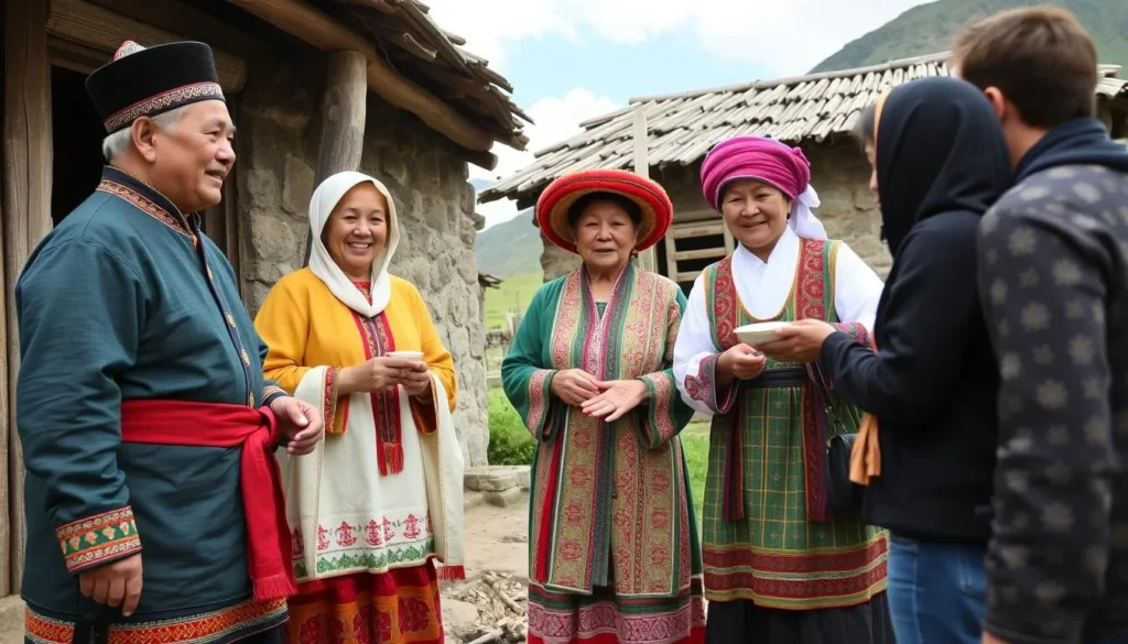 Local Altaian family in traditional dress welcoming visitors