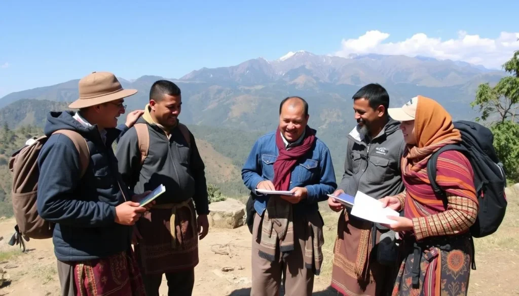 Local Bakonzo guides sharing cultural knowledge with trekkers on Mount Baker