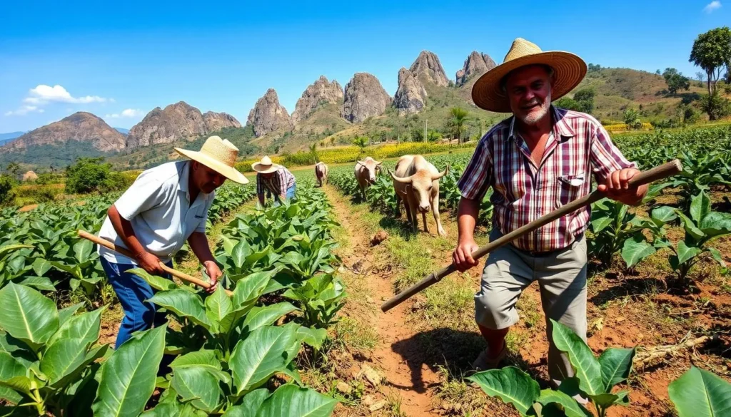 Local Cuban farmers working in tobacco fields in Valle de Vinales using traditional farming methods
